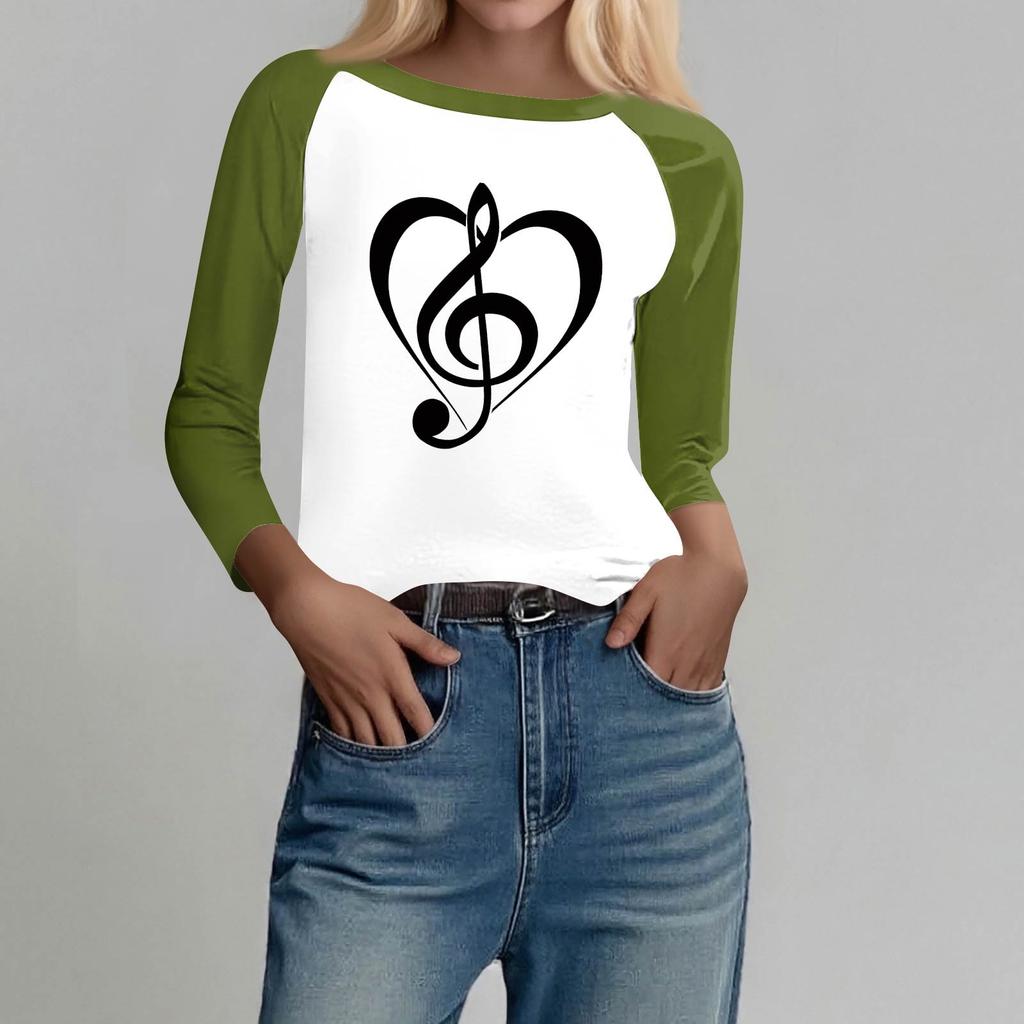 Damenmode Lässiges T-Shirt O-Ausschnitt Siebenärmel Bedrucktes Knopf-Top