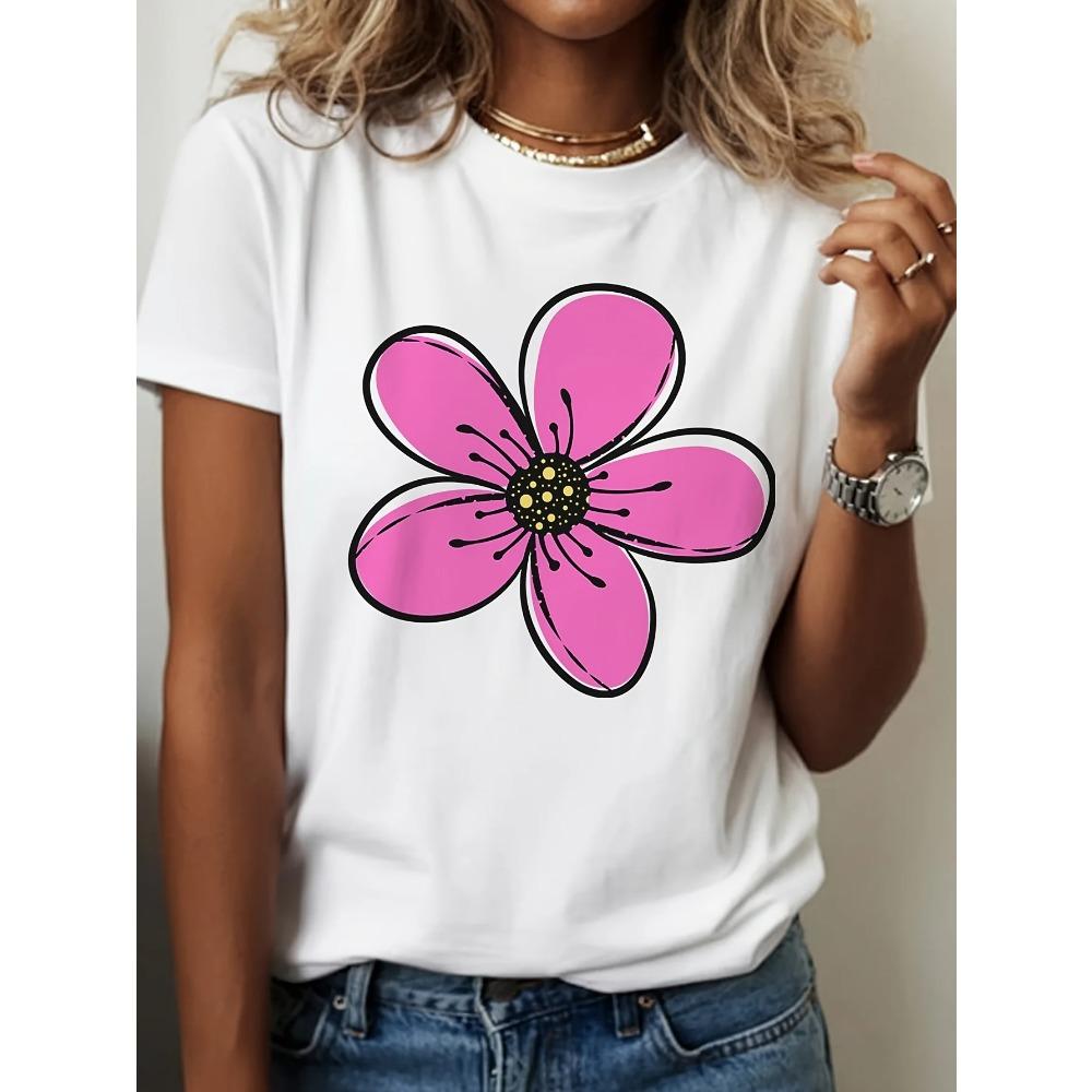 Cartoon Pink Flower Pattern Printed Summer Womens Tshirt Short Sleeved Round Neck Top Casual Summer Womens Clothing