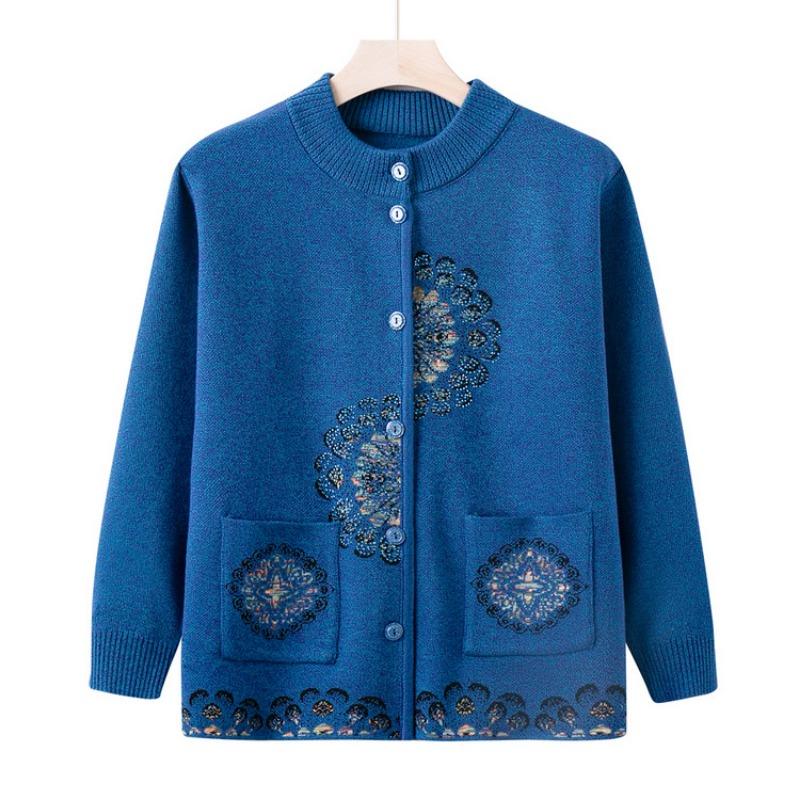 

Осенний бабушкин новый вязаный свитер для среднего и пожилого возраста, кардиган, ранняя осень, для мамы, осенний топ с круглым вырезом 5XL (recommended 150-82.5kg) синий