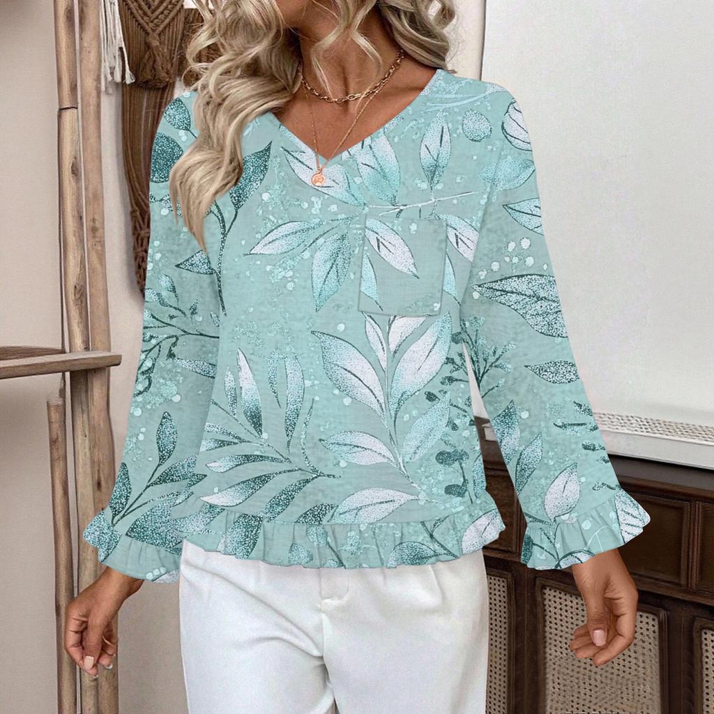 Women's Casual Fashion Ruffled V-Neck Pocket Floral Print Long Sleeve Top