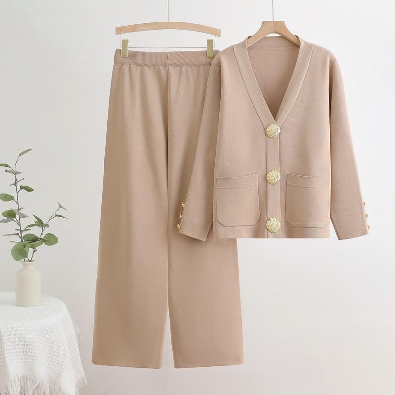Fall Winter Elegant Women 2 Piece Sets V-neck Sweater Cardigan Coats Tops Ensemble Ankle Length High Waist Wide Leg Pants Outfit