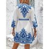 New Women's Printed V-Neck Dress, Three-Quarter Elbow Sleeve Tie Waist A-Line Midi Dress for Summer Casual Party Daily Wear