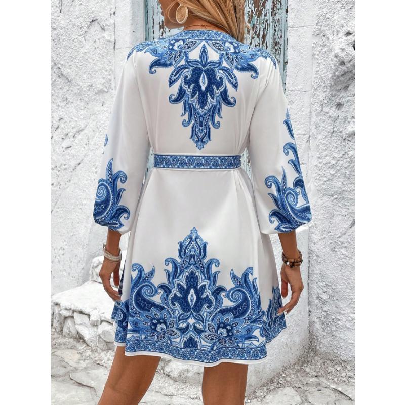 New Women's Printed V-Neck Dress, Three-Quarter Elbow Sleeve Tie Waist A-Line Midi Dress for Summer Casual Party Daily Wear