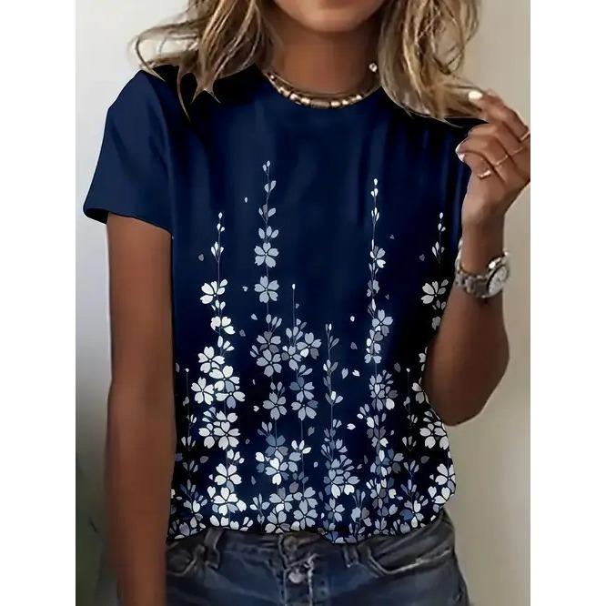 Summer Round Neck 3D Flower Butterfly Pattern Print Top Fashionable Casual Retro Short Sleeved Women's T-shirts