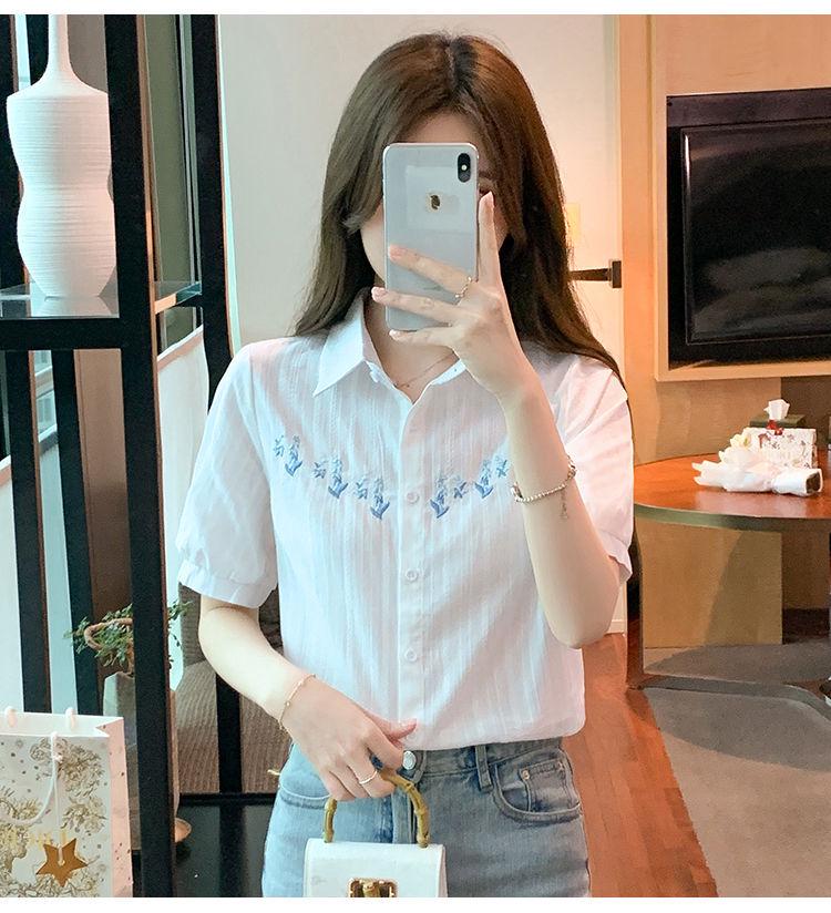 Cămașă de damă la modă din bumbac pur brodată cu mânecă scurtă - Vara 2024