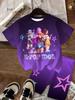 Deep Purple Two-piece Set for Girls Featuring K-pop Idol and Anime-style Prints; Includes a Crew-neck Short-sleeve T-shirt and S