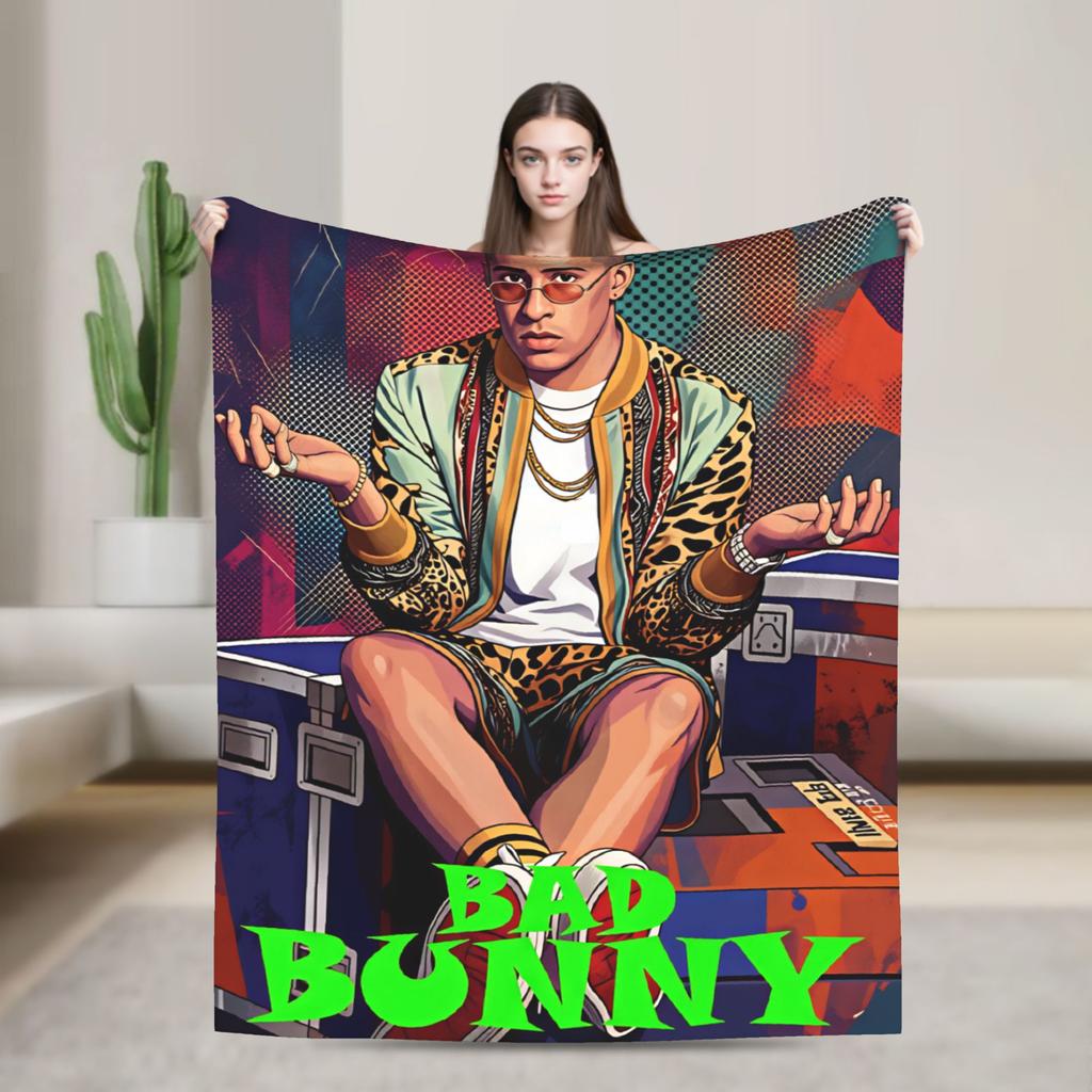 Bad Bunny Puerto Rican Rapper Portrait Blanket Warm Fashion Plush Throw Blanket For Child Bedroom Flannel Bedspread Bed Cover