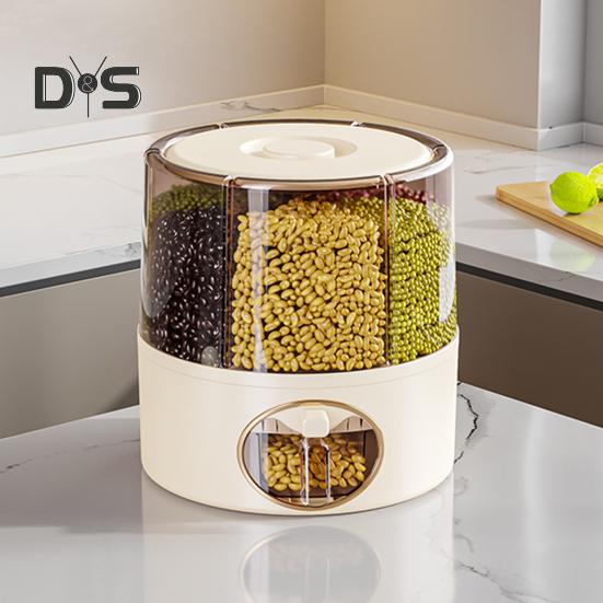 Sealed Dry Grain Bucket Dispenser Large Capacity 6 Compartments Transparent 360-Degree Rotatable Rice Dispenser Grain Bucket