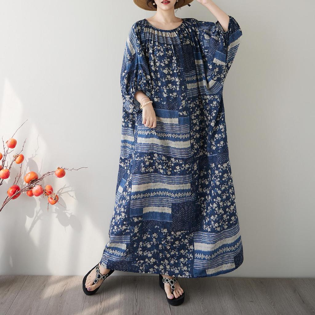 Manga curta Tamanho Plus Algodão floral vintage novidade em vestidos para mulheres casual solto maxi longo vestido de verão