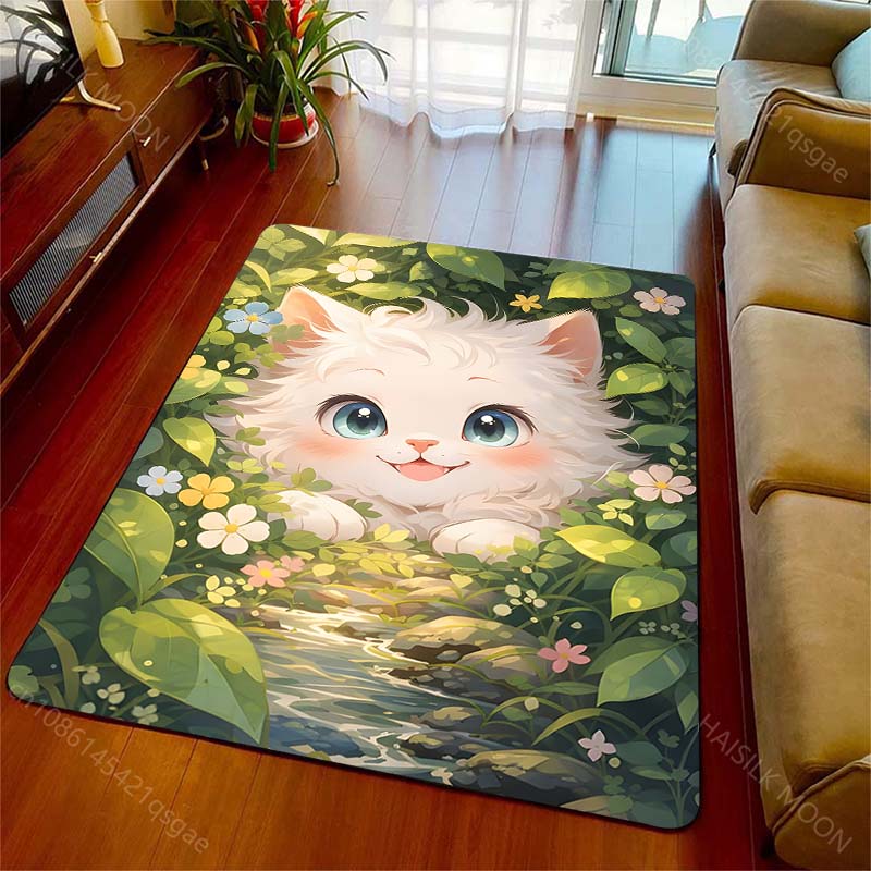Mehrere Größen Niedliches Kätzchen in Blumen Teppich für Wohnzimmer Schlafzimmer Sofa Heimdekoration Rus Rutschfeste Bodenmatte Luxuriöses Geschenk