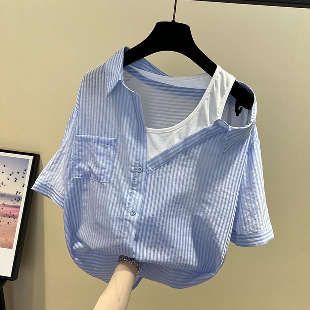 Damenmode Lässig Gestreift Trägerlos Patchwork Kurzarm Shirt Top