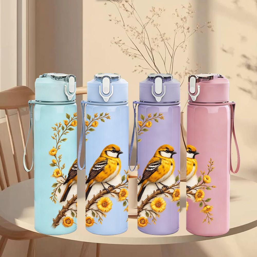 1PC Bird Perch On Sunflower Branch Print 750ml Color Plastic Sports Water Bottle Leakproof Flip Straw Lid Suitable for Sports Office Home Use