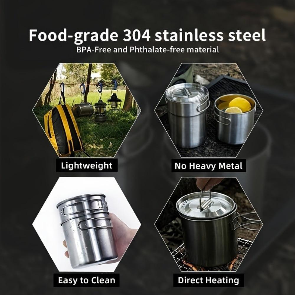 304 Stainless Steel Mug 2pcs Set, Folding Handle Coffee Cup, Outdoor Camping Portable Cookware Pot