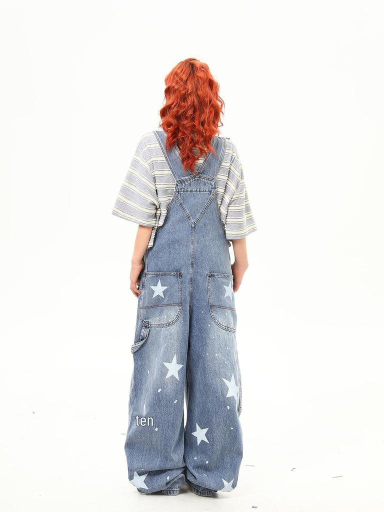 Women's American Retro Star Print Wide-Leg Denim Overalls: Casual and Versatile Loose-Fit Trend.