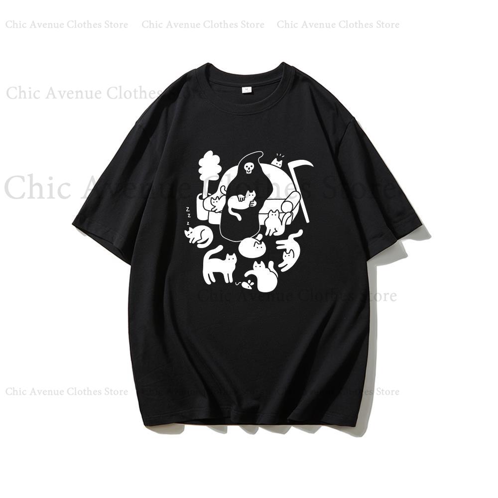 Funny Print REAPER LOVES CATS Cotton Tshirt for Halloween Short Sleeve Tee Summer Tops Women Unisex Tshirt Unisexs Tshirts