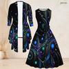 Women Plus Size Two Piece Set Printed Green Black Gold 3 4 Sleeve Cardigan Sleeveless Tie Waist Flared Dress