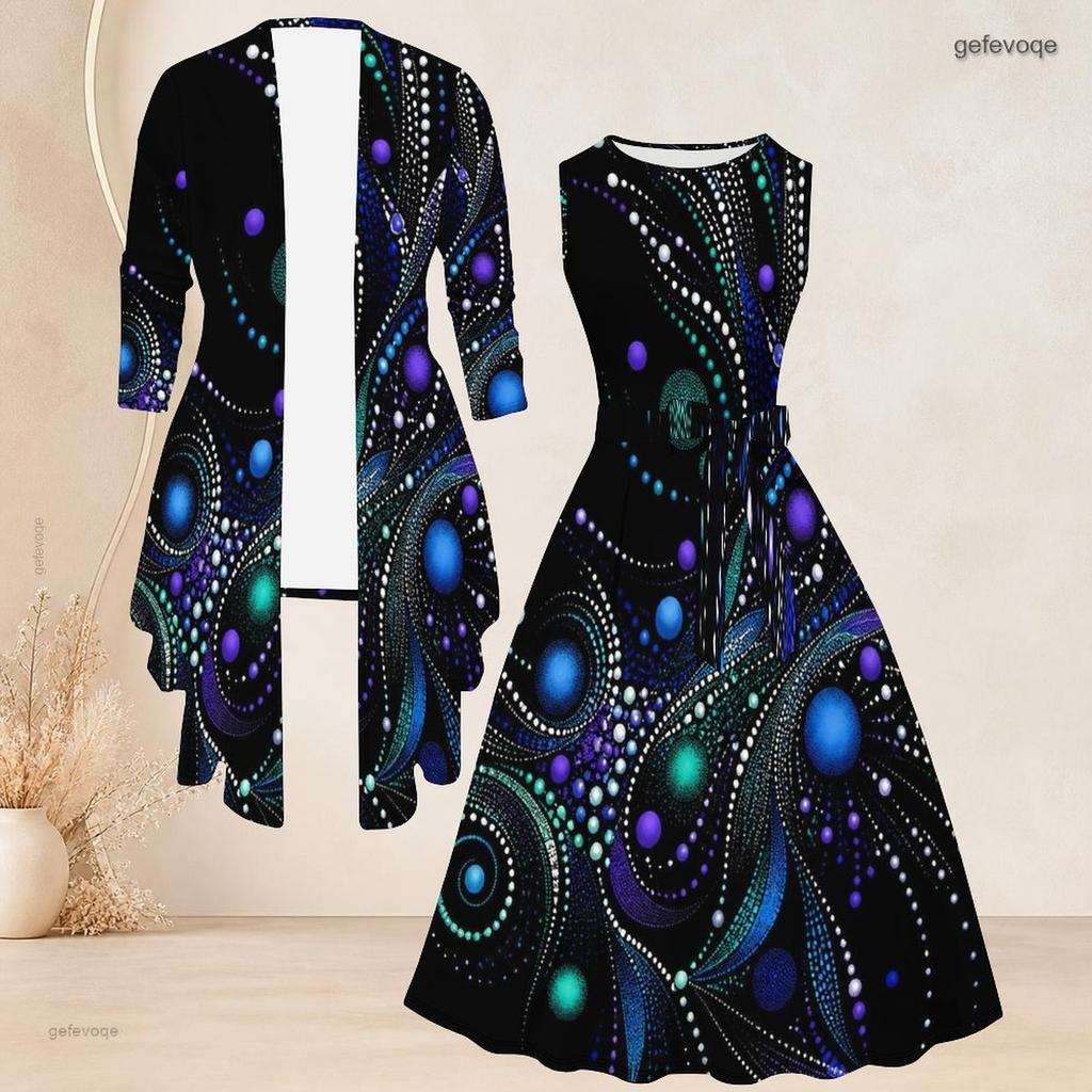 Women Plus Size Two Piece Set Printed Green Black Gold 3 4 Sleeve Cardigan Sleeveless Tie Waist Flared Dress