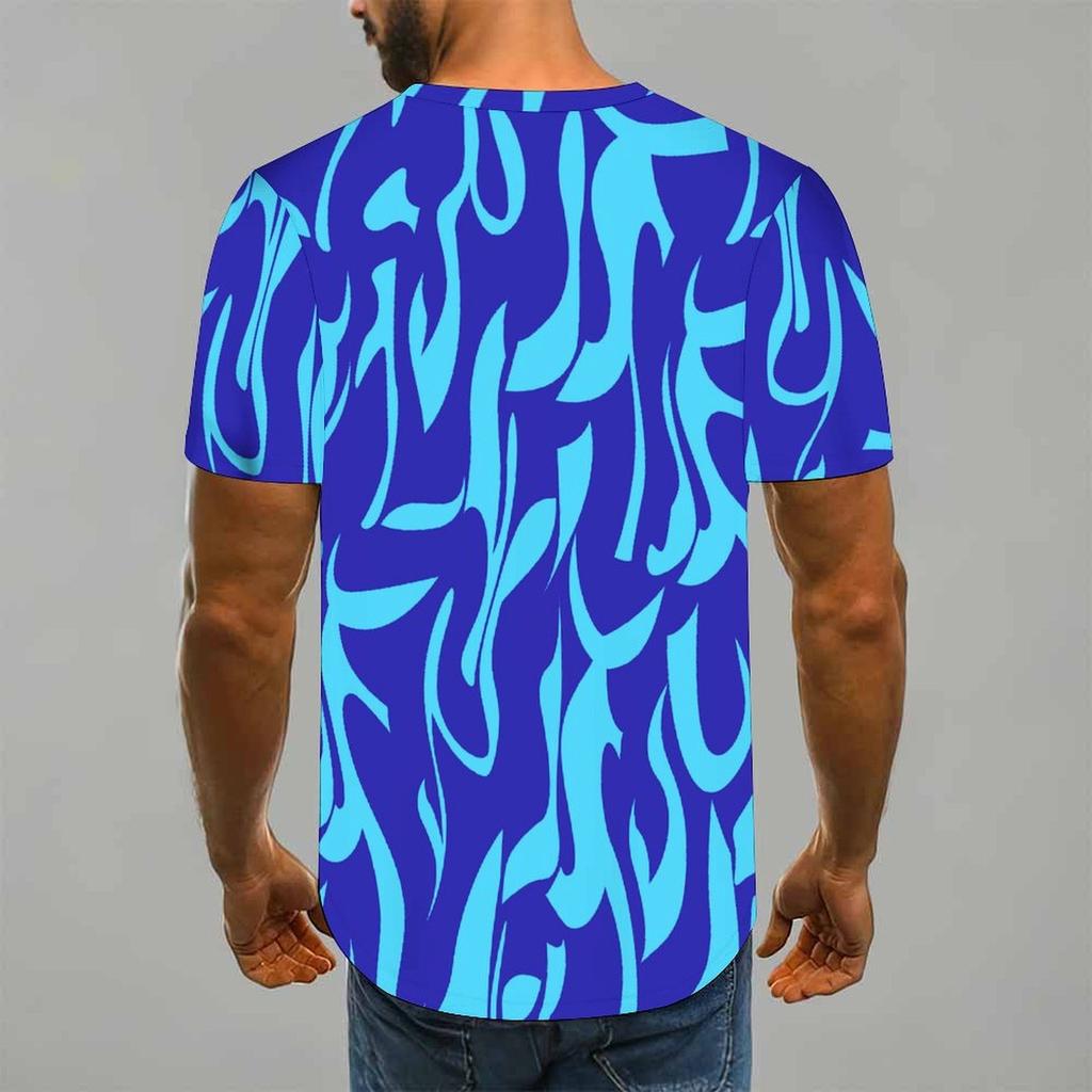 Women Short Sleeve Crew Neck T Shirt Dark Blue Light Blue Abstract Flame Swirl Print Top
