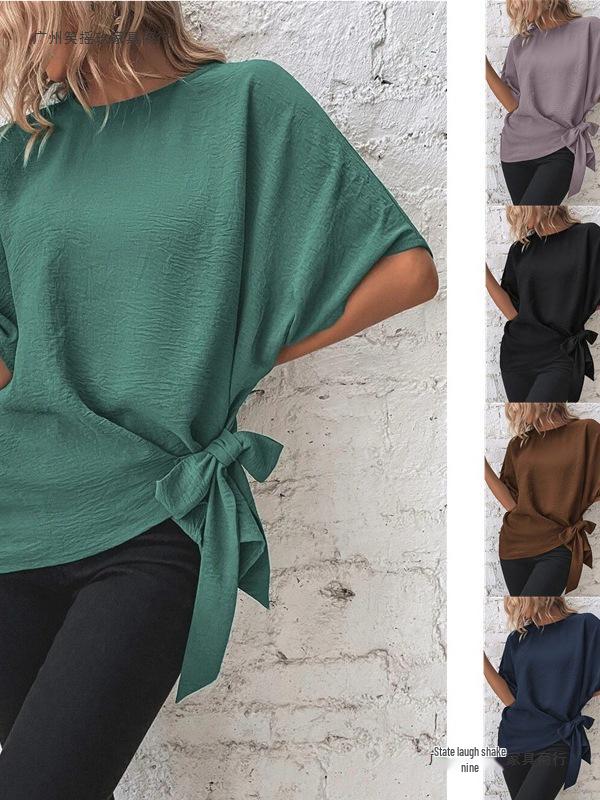 Summer Women's Solid Color Batwing Sleeve Knot Hem Loose T-shirt