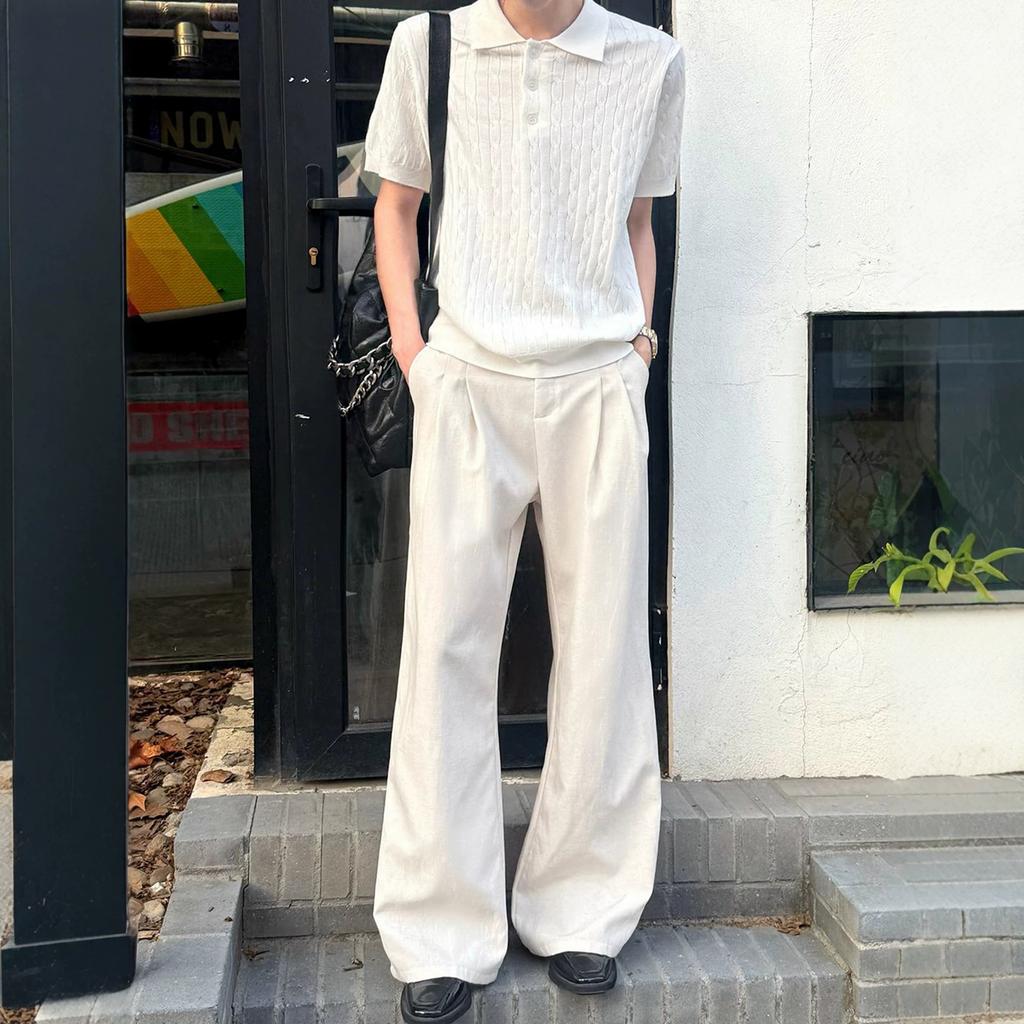 Tencel Blended White Linen Pants Men's Summer Husband Feeling Old Money Wind Wear Pants Straight Wide Leg Scimitar Pants