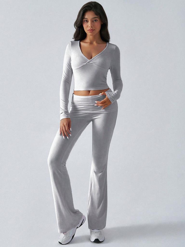 Autumn Women Deep V Neck Flared Pants Sport Casual Set For Women