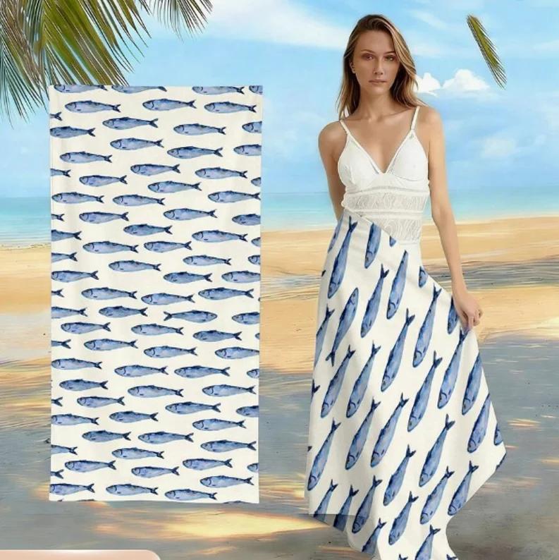 Summer Boho Style Mermaid Tail Fish Scales And Flowing Fins Graphic Beach Towel For Swimming Pool Microfiber Sand-Free Towel