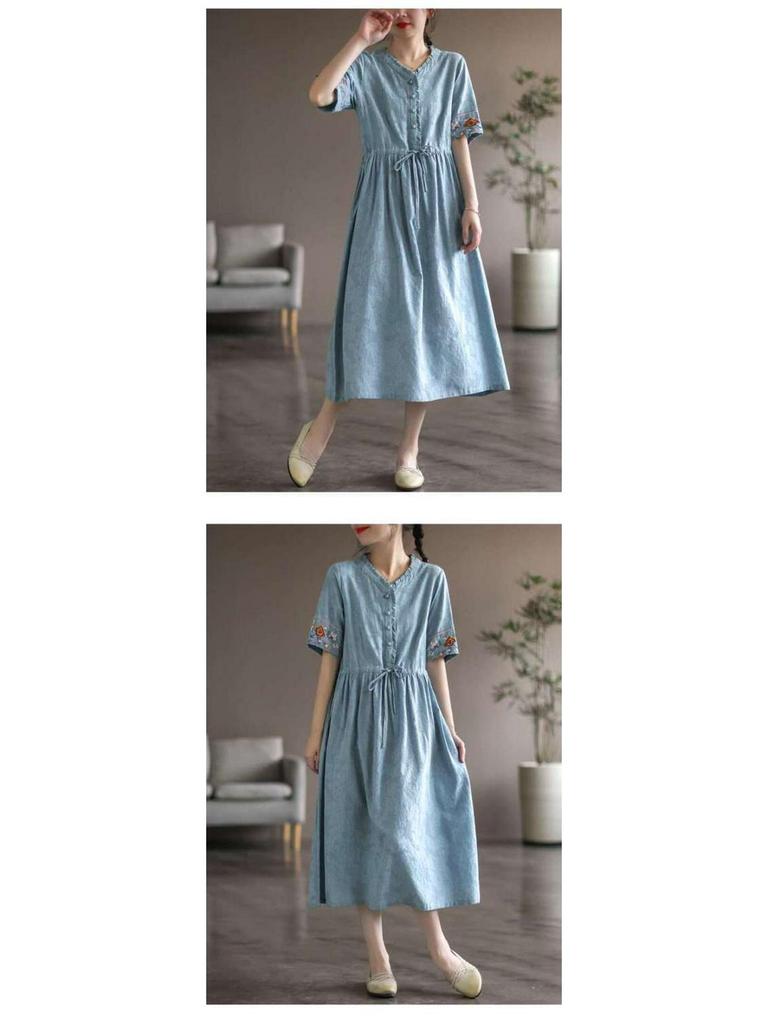 Damska Artystyczna Retro Sukienka z Krótkim Rękawem, Średniej Długości, z Haftowanego Bawełnianego i Lnianego Żakardu, ze Sznurkiem w Talii