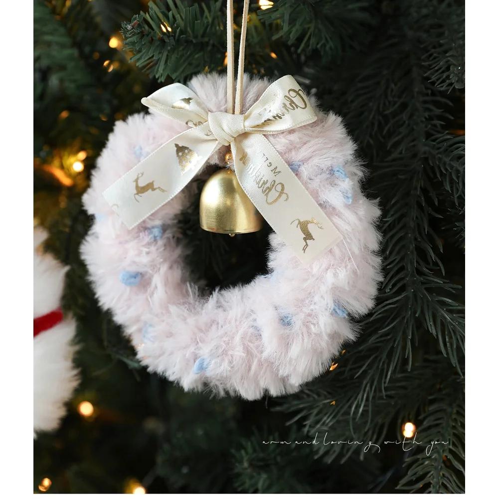 Plush Christmas Wreath Hanging Decoration With Ribbon Bow Bells Window Accent Christmas Bell Bow Wreath Xmas Tree Ornaments