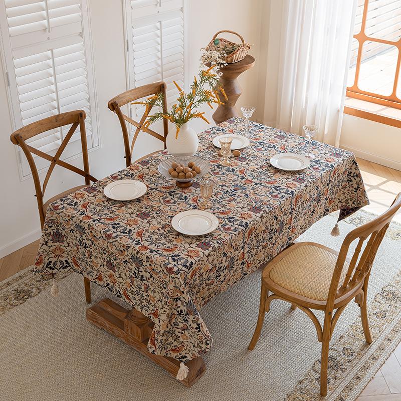 American Vintage Flower Bird Tablecloth Jacquard Rectangular Dining Tablecloth Living Room Bedroom Decor Desktop Decoration