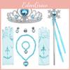 Conjunto infantil da Princesa Elsa de Frozen com coroa de plástico, varinha mágica, colar, brincos, laço e luvas.