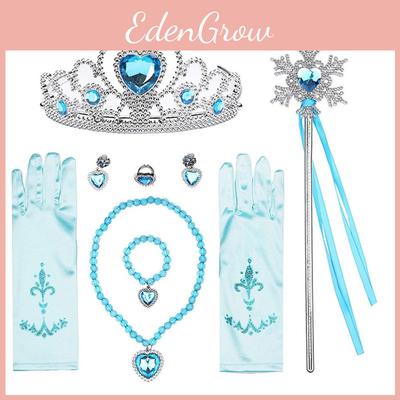 Children's Frozen Elsa Princess Plastic Crown Magic Wand Necklace Earrings Bow Gloves Set