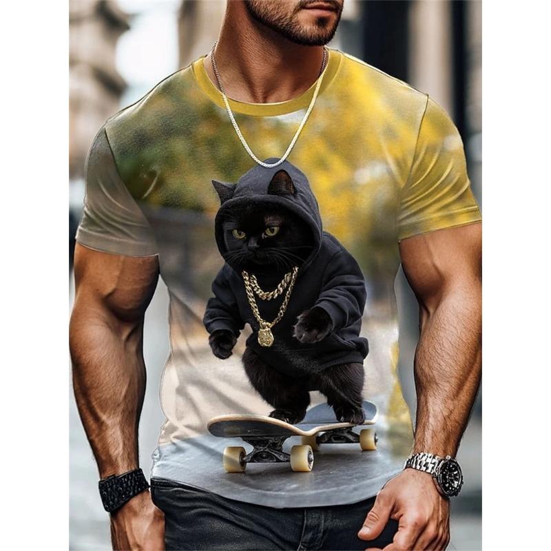 Men's Funny Cat And Shark T Shirt Tops 3D Print Short Sleeve Crew Neck Animal Tee Shirts New In Oversized T Shirts Clothes