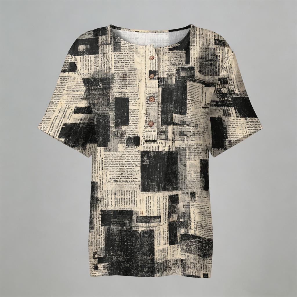 Damen Kurzarm Baumwoll-Leinenhemd mit Modischem Print Henley Knopfleiste und Brusttasche Lockerer Schnitt Lässiges Oberteil