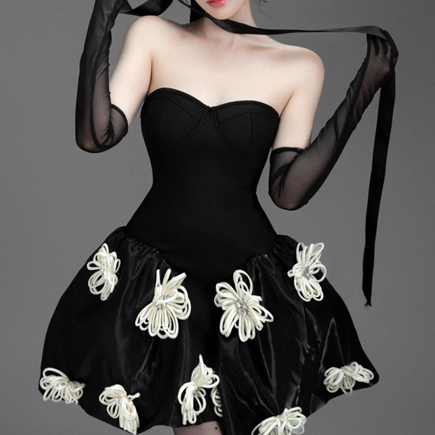 Французское 3D Цветочное Платье-Принцесса без Бретелек, Облегающее, 2025 Small чёрный