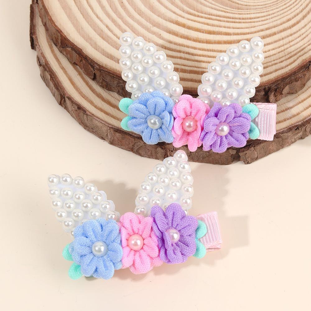 

2 шт. Милая заколка для волос с кроличьими ушками, сладкая заколка для волос с жемчужным цветком и кроличьими ушками для девочки, ручной работы, детские аксессуары для волос, головной убор