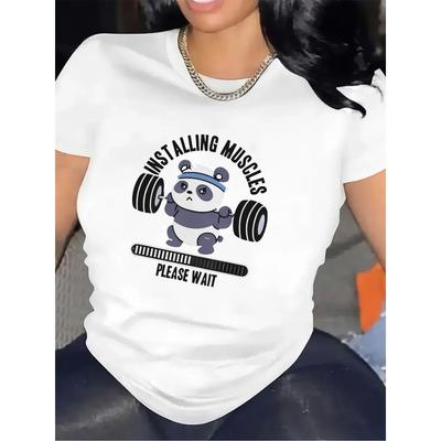 Europäische Größen Damen Fitness-T-Shirt - Lustiges "Erlaube einfach Muskeln" Panda Grafik-T-Shirt Alltags- & Sportbekleidung, Fitnesskleidung, Yoga-Bekleidung