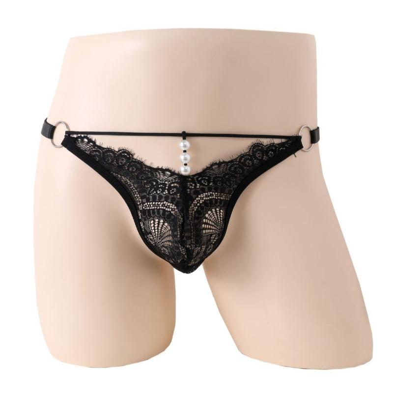 Sissy Pouch Panties Sexy Men Lingerie Waist Adjust Lace Perspective T-Back Thong Low Rise Crossdresser G-String Pearl Underwear