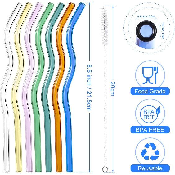 7Pcs Reble Colorful Wavy Glass Straws - 8.5"x8mm Shatter Resistant Glass Straw with 2 Clening Brushes, Suitable for Ice/Hot