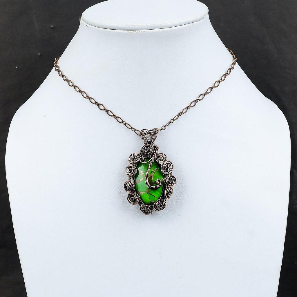 Copper Green Turquoise Pendant Copper Wire Wrapped Pendant Handmade Pendant Wire Wrap Jewelry Gemstone Pendant Copper Jewelry Gift For Women