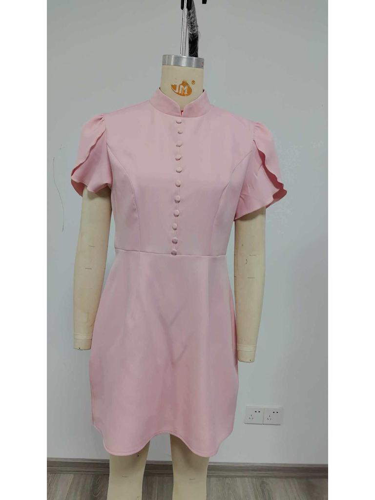2026 Summer Stand Collar Puff Sleeve High Waist Dress for Women – Trendy European & American Style