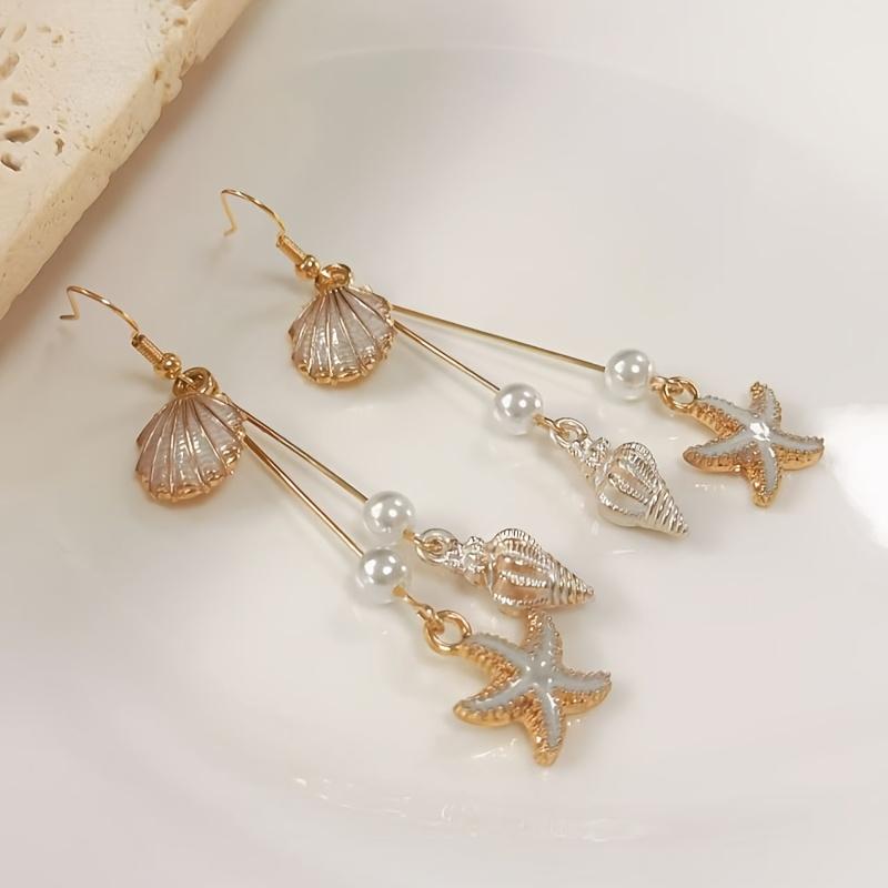 Pink Seashell Starfish Earrings - Golden Copper Hoops with Imitation Pearl Beads, Beach Party Jewelry for Women, Summer Accessories