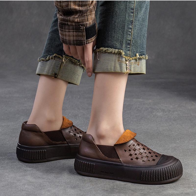Johnature Simple Breathable Hollow-out Shoes Retro Genuine Leather Thick Sole Women's Flat Platform Shoes