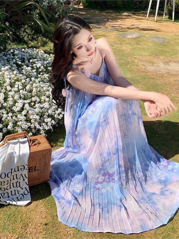 Buy Women Summer Purple Fairy Dress Vintage Blue Ruffles Holiday Beach  Spaghetti Strapped Dresses Korean Elagant Party Dress at affordable prices   free shipping, real reviews with photos  Joom