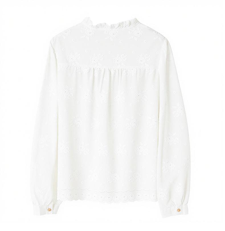 Women's Elegant Apricot Embroidered Cotton Long Sleeve Shirt with Wood Ear Collar - 2026 Spring Collection