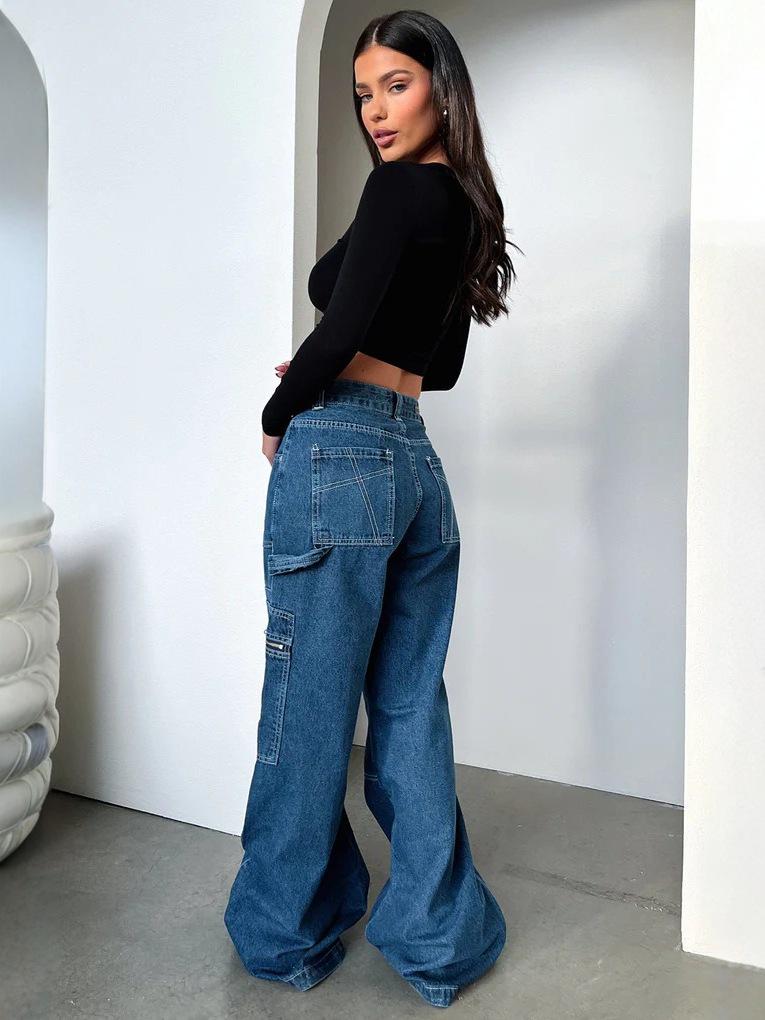 Women's High-Waisted Retro Cargo Jeans, Wide-Leg, Floor-Length Spicy Girl Style