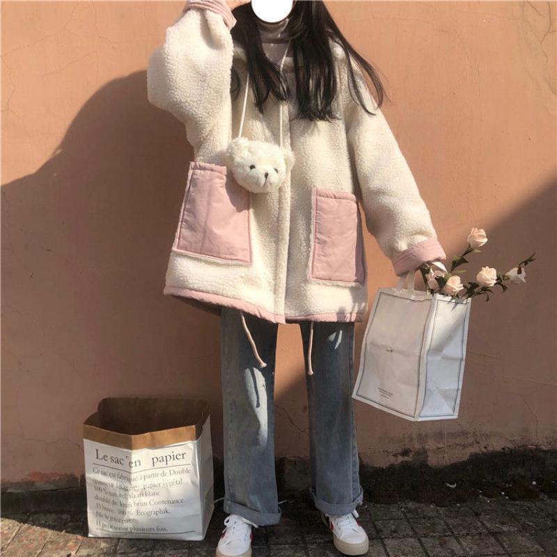 Winter Korean Sweet Warm Lamb Wool Coat Women Chic Cute Two Sided Wear Patchwork Thick Clothes College Style Casual Fashion Outerwear