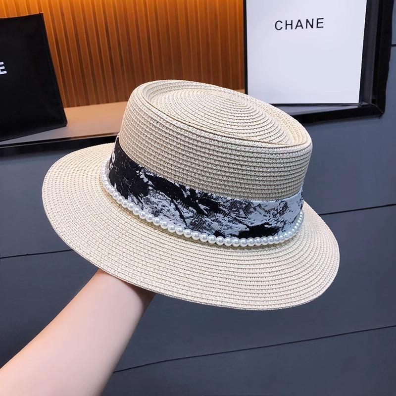 Flat top top hat design sense pearl temperament versatile straw hat summer vacation shade beach hat children