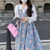 Spring New Skirt Women's French Age-reducing Floral Dress Sweet Medium and Long Vest Skirt High Waist A-shaped Skirt Women