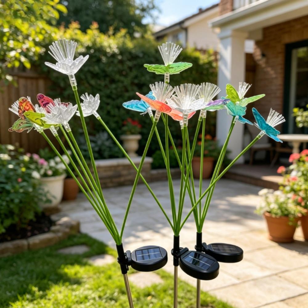 Solar Butterfly & Flower Fiber Optic Lights, Color Changing Landscape Lamp, Outdoor Garden Pathway Stake Light