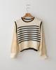 Women's Off-White Retro Patchwork Chiffon Striped Knit Sweater Shirt, One Size, Black, Korean Niche Design.